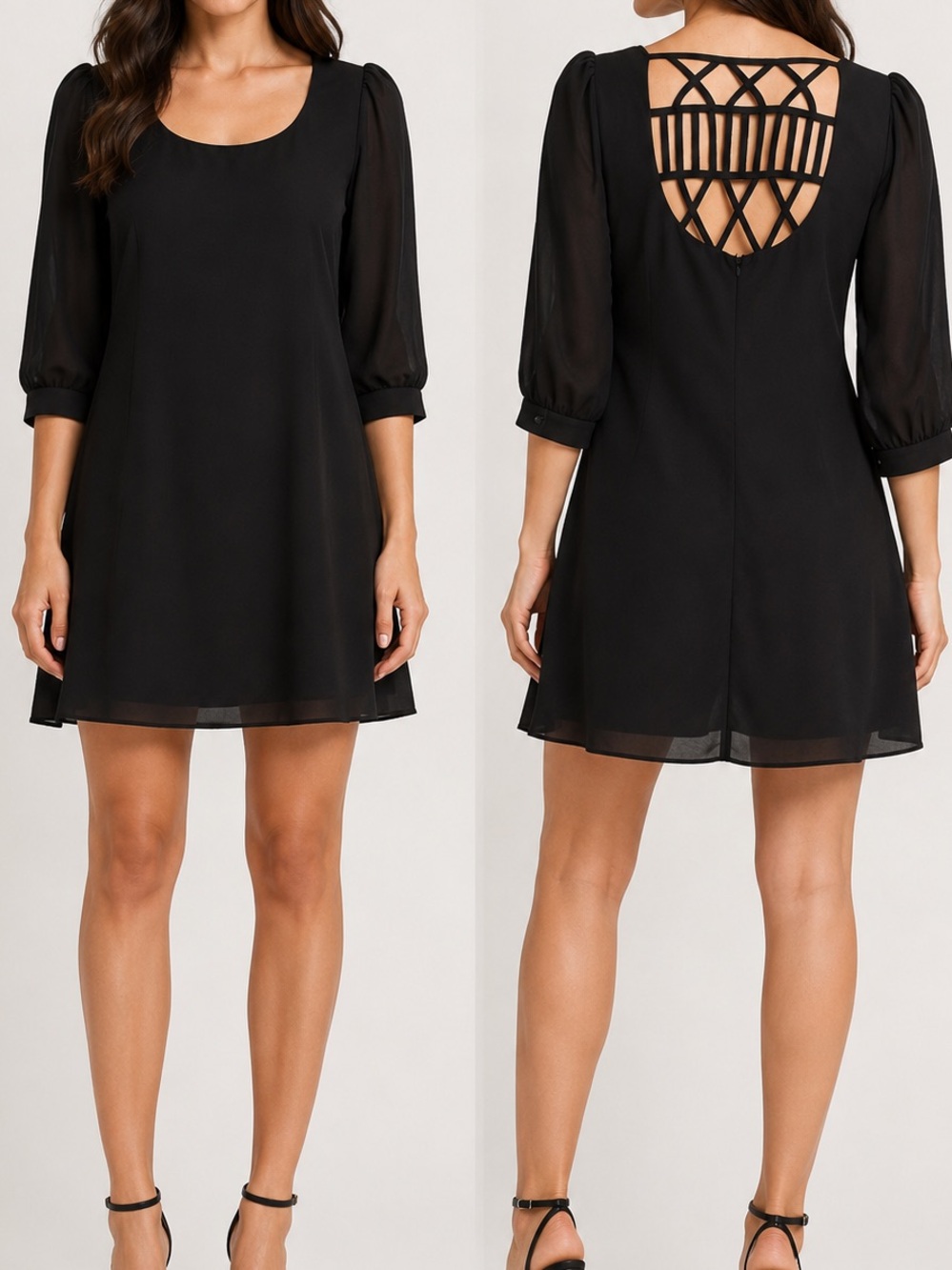 HeartSoul Black Lattice Back Shift Dress Sheer Sleeve Mini Size M